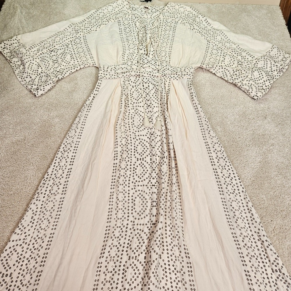 Free People Maxi Dress 10 Ivory Khaki Geometric Tassel Boho Peasant Festival